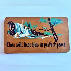 Vintage Wooden Wall Plaque Religious Waterfall Landscape